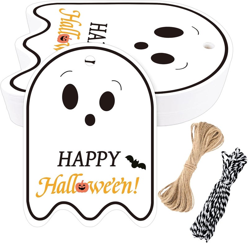 g2plus Happy Halloween Tags - 50 Pcs Ghost Paper Gift Tags with String for Trick or Treat Bags, Spooky Halloween Party Favors Tag for Candy Bags, DIY Crafts, Gift Wrapping(2.5x3.5 in) - Image 1